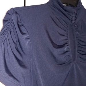 D.F.A. New York Navy Blue Short Sleeve Button High Neck SMALL Keyhole Blouse